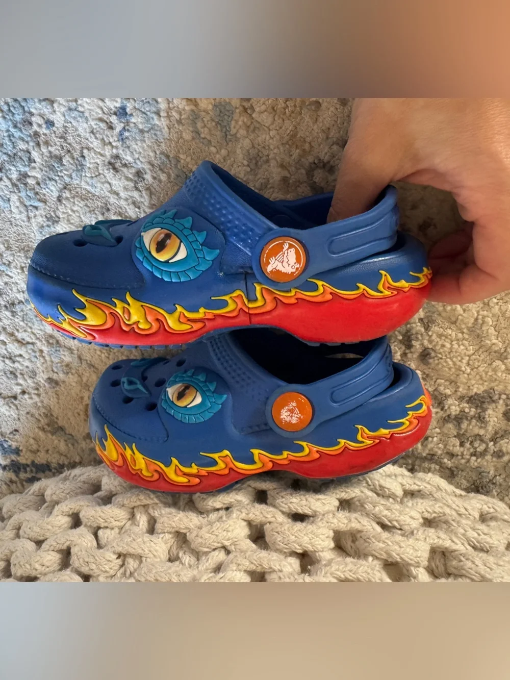Crocs Kids Light-Up Dragon Classic Clog - Blue with Red/Yellow Flames, Sz 7